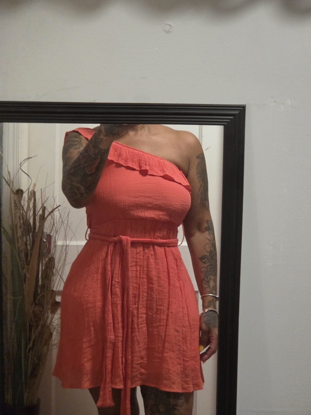 One-Shoulder Coral Summer Dress with Self Tie Belt